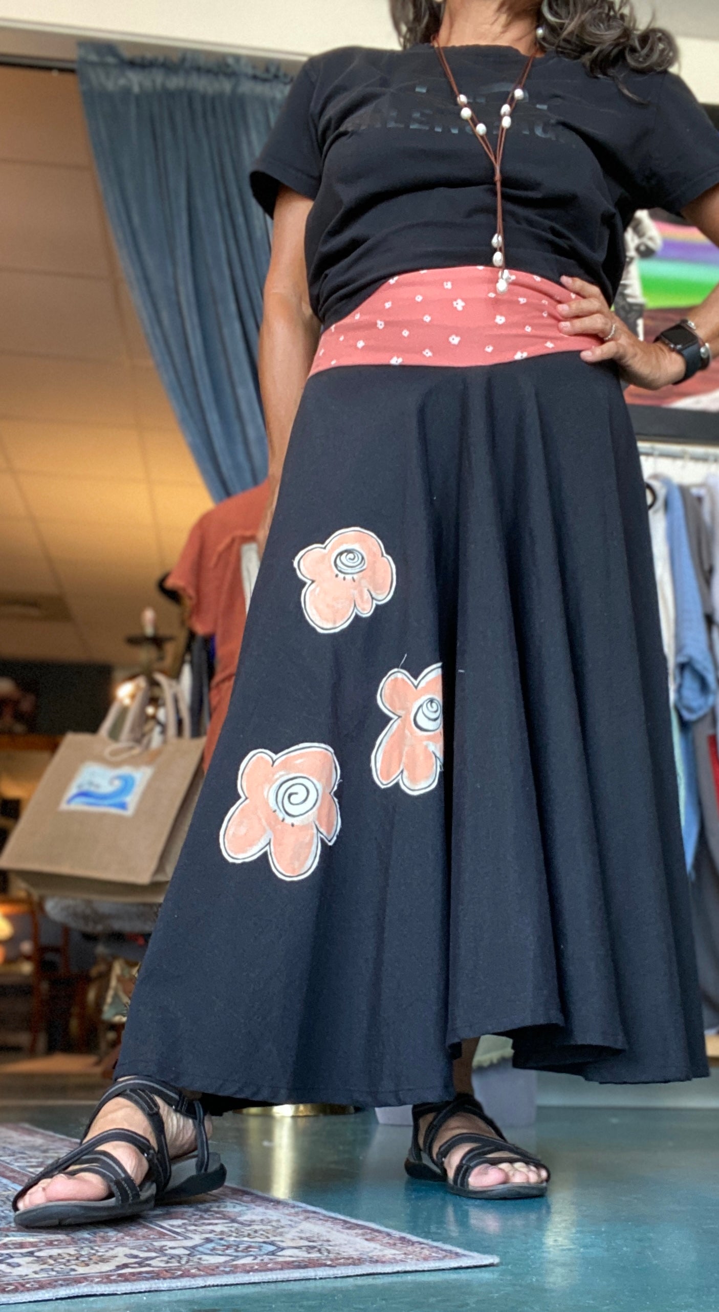 Happy Flowers-Happy Skirt!  Black Skirt with Flower Lycra Bandeau & Hand Painted & Stitched Appliqués (SOLD)