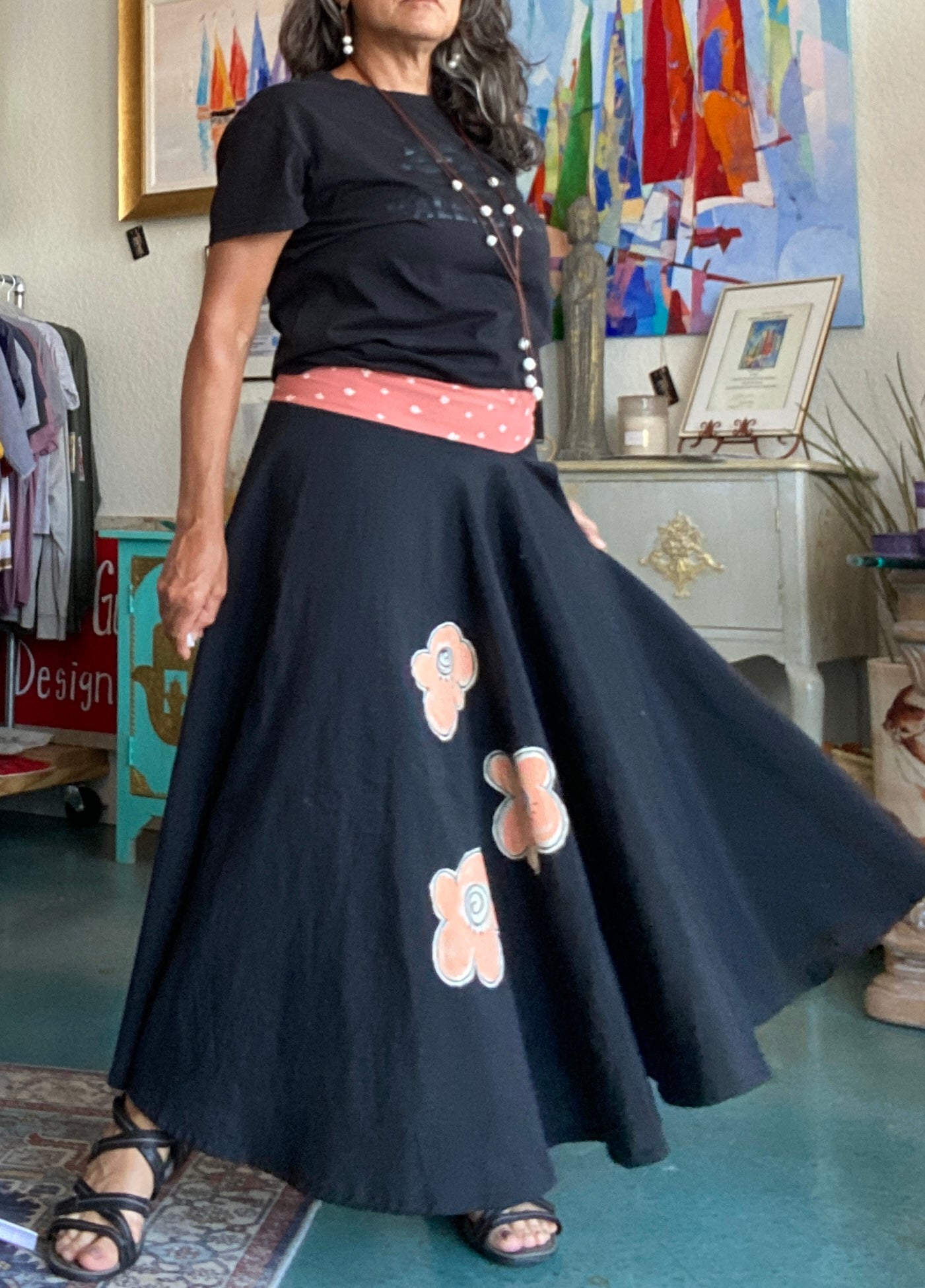 Happy Flowers-Happy Skirt!  Black Skirt with Flower Lycra Bandeau & Hand Painted & Stitched Appliqués (SOLD)