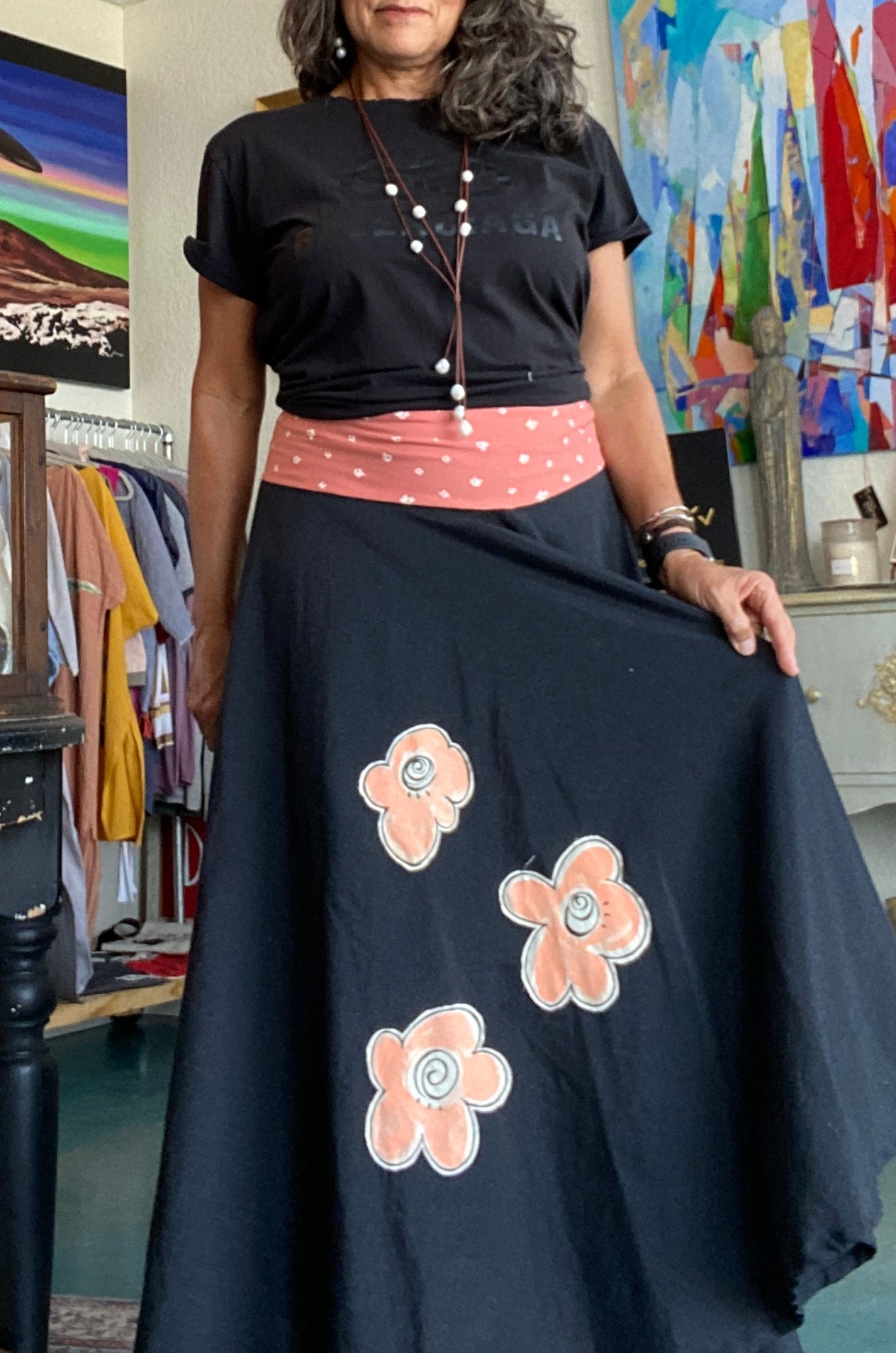 Happy Flowers-Happy Skirt!  Black Skirt with Flower Lycra Bandeau & Hand Painted & Stitched Appliqués (SOLD)