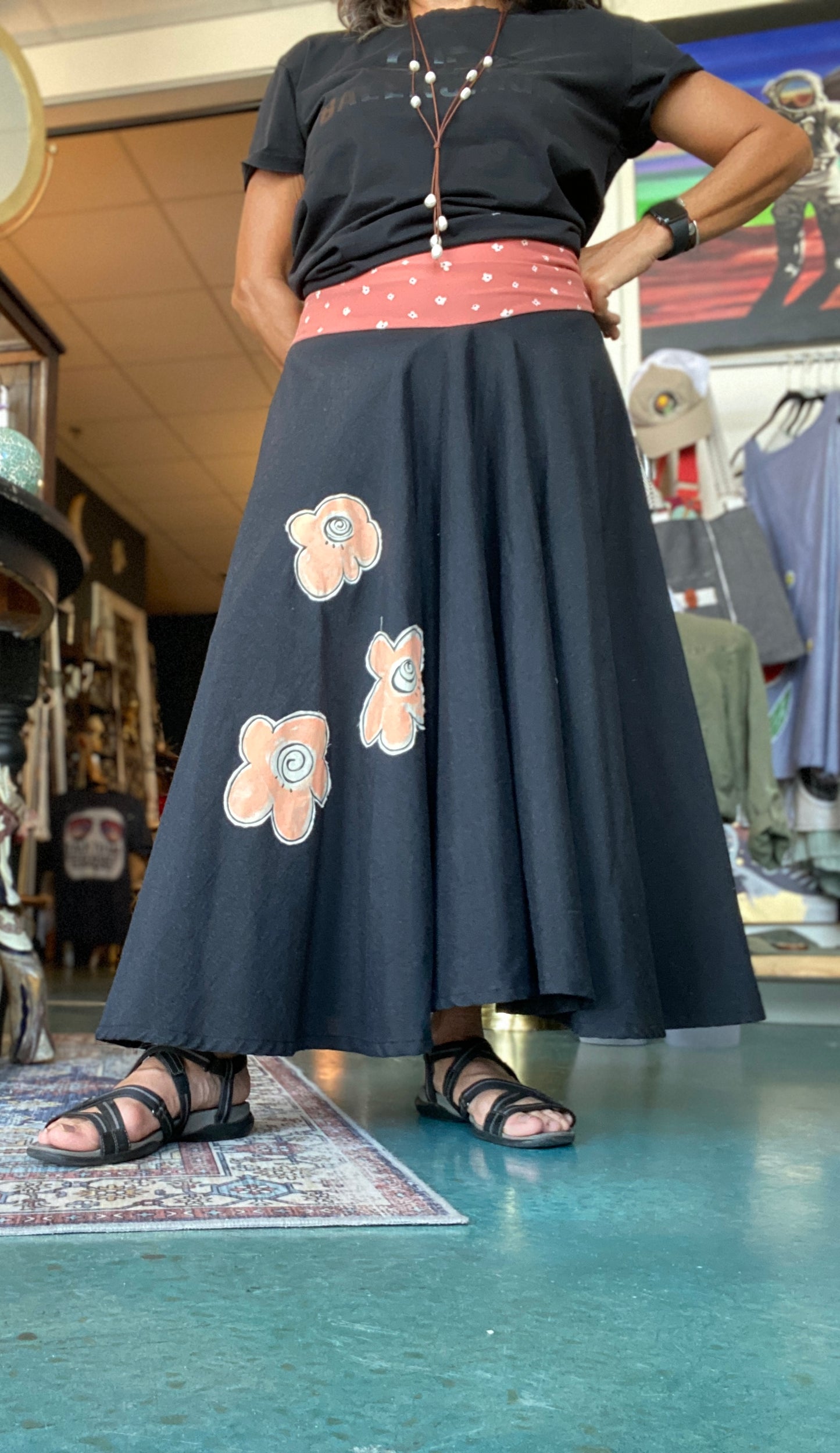 Happy Flowers-Happy Skirt!  Black Skirt with Flower Lycra Bandeau & Hand Painted & Stitched Appliqués (SOLD)