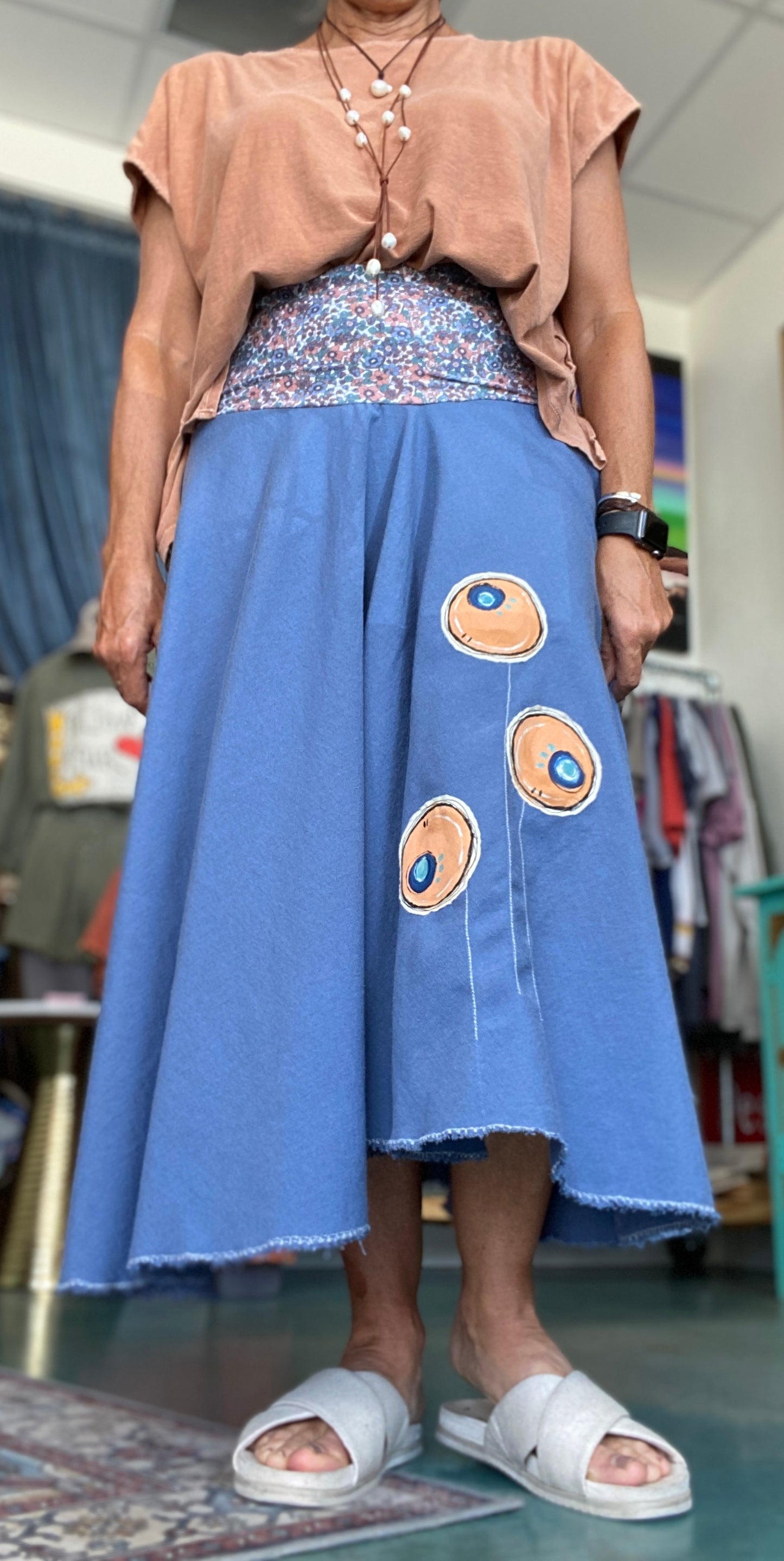 Funky Blue Skirt with Hand Painted & Stitched Flowers (3) & Lycra Flowery Bandeau (SOLD)