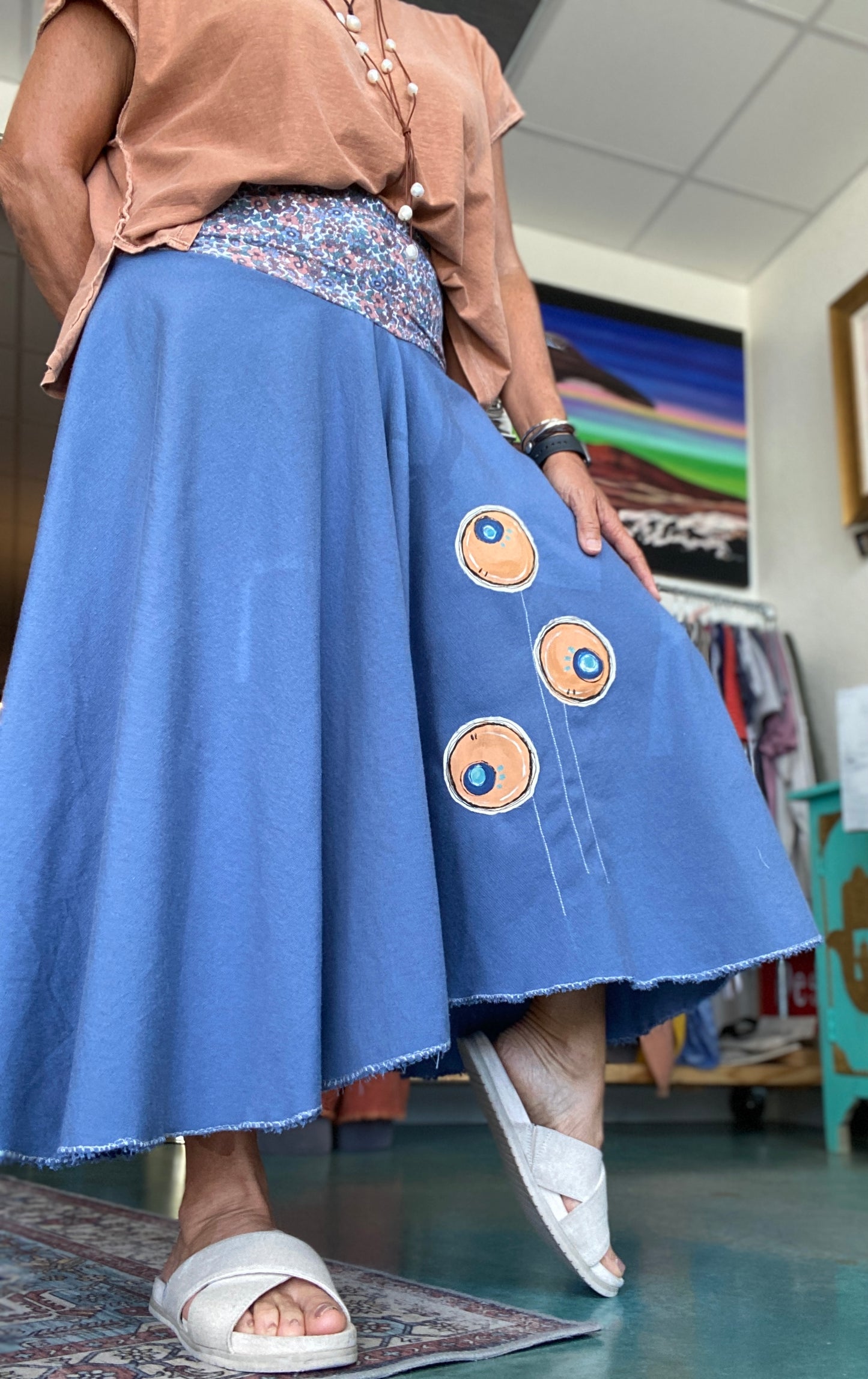 Funky Blue Skirt with Hand Painted & Stitched Flowers (3) & Lycra Flowery Bandeau (SOLD)