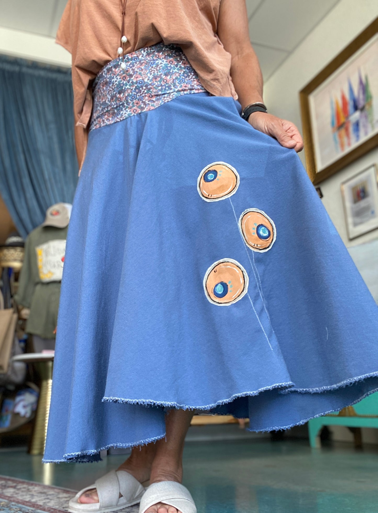 Funky Blue Skirt with Hand Painted & Stitched Flowers (3) & Lycra Flowery Bandeau (SOLD)