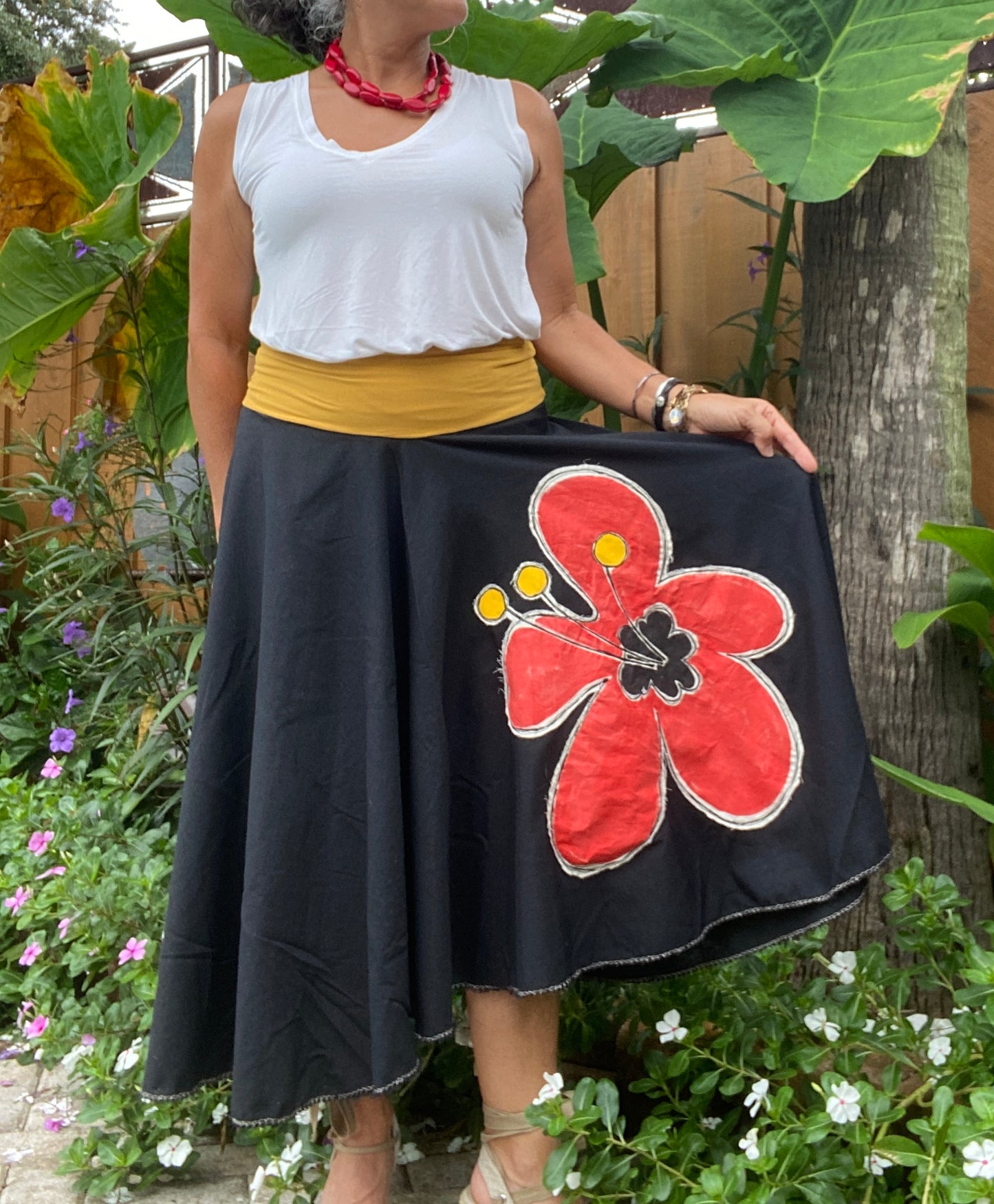 Whimsical Black Skirt with Yellow Lycra Bandeau & Hand Painted Red Flower