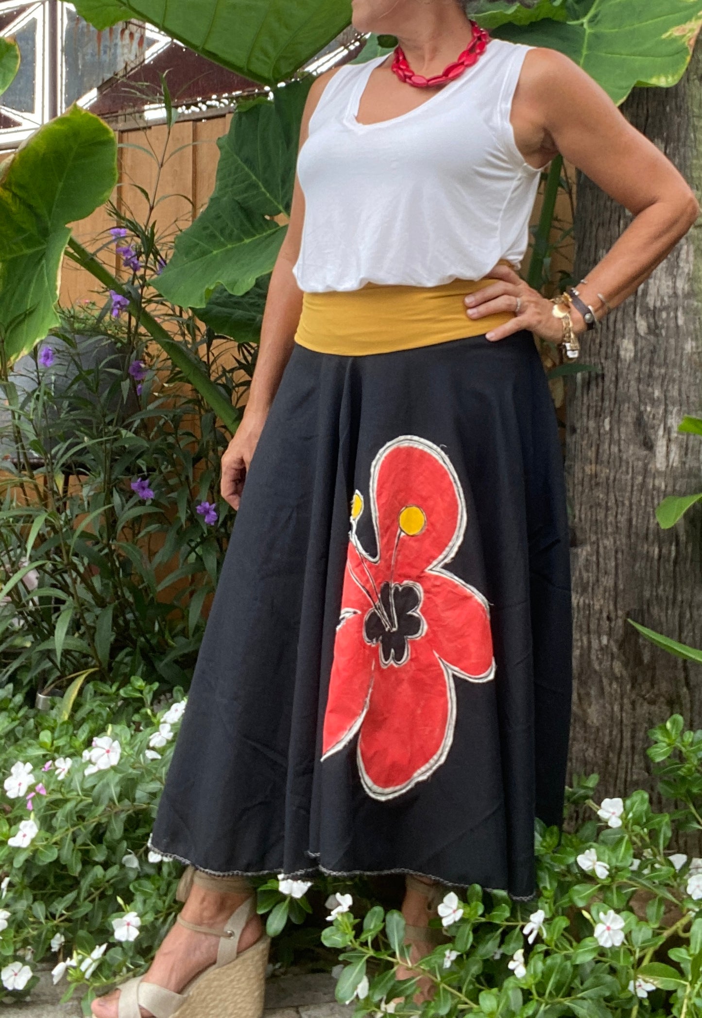 Whimsical Black Skirt with Yellow Lycra Bandeau & Hand Painted Red Flower