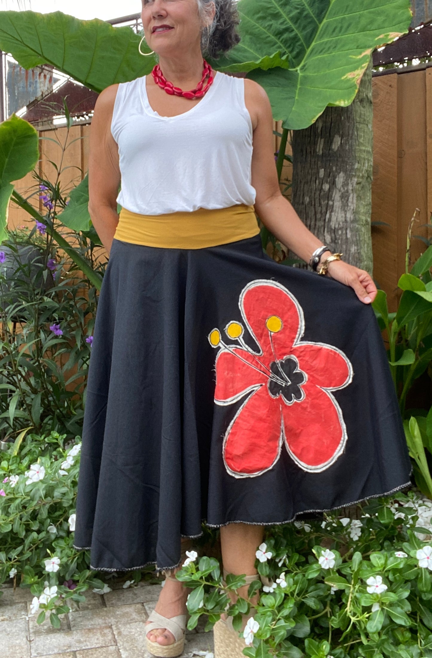 Whimsical Black Skirt with Yellow Lycra Bandeau & Hand Painted Red Flower