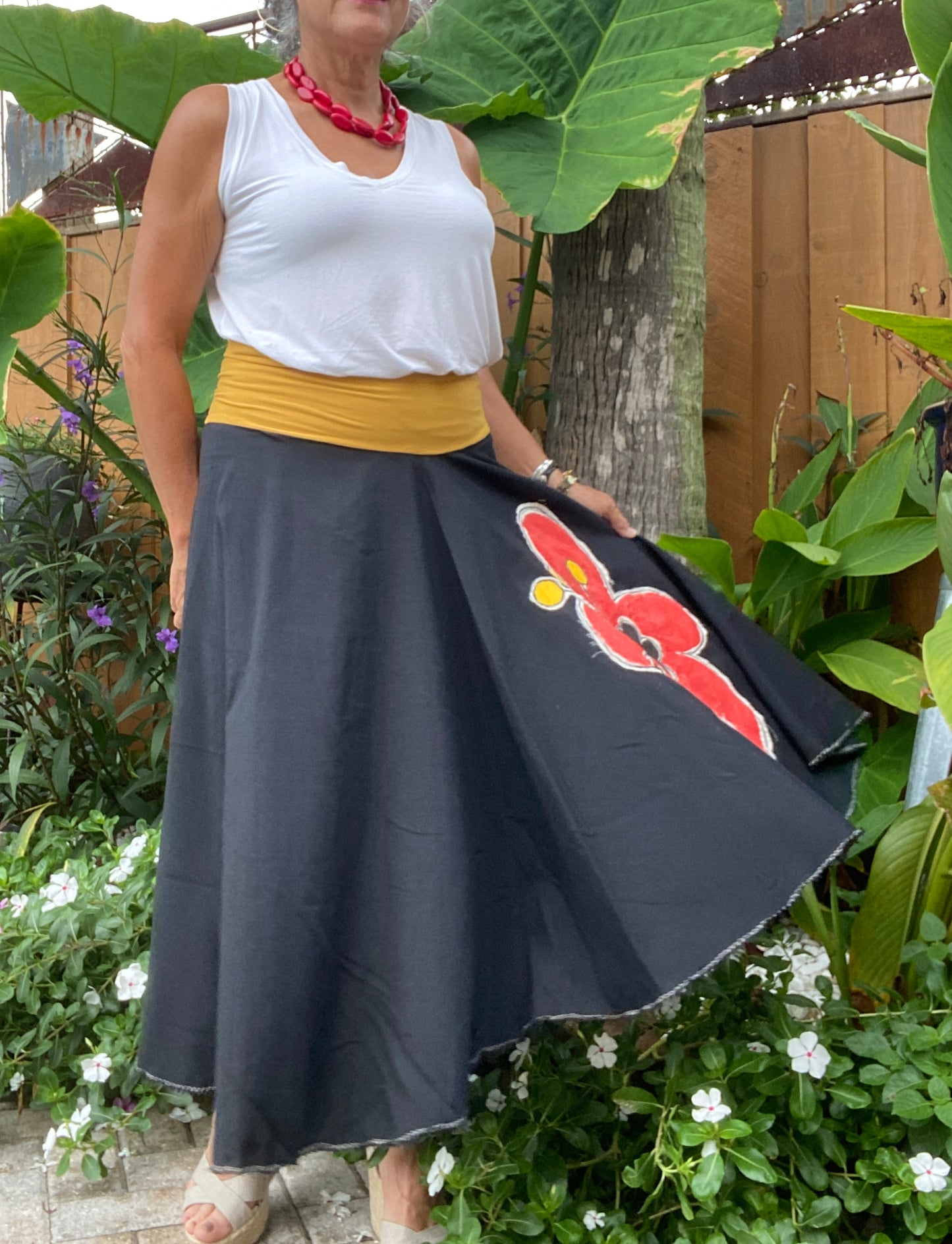 Whimsical Black Skirt with Yellow Lycra Bandeau & Hand Painted Red Flower