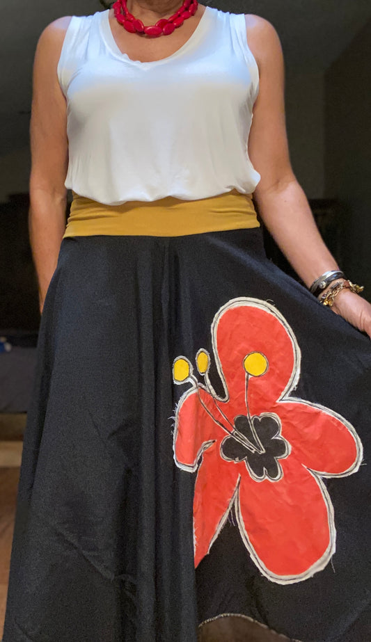 Whimsical Black Skirt with Yellow Lycra Bandeau & Hand Painted Red Flower