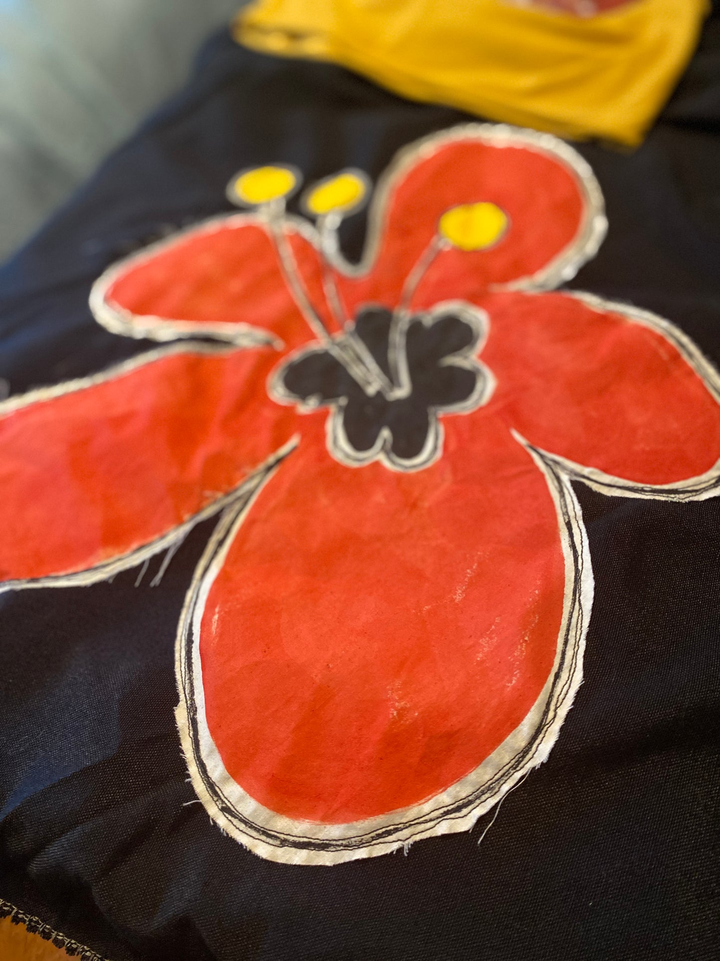 Whimsical Black Skirt with Yellow Lycra Bandeau & Hand Painted Red Flower