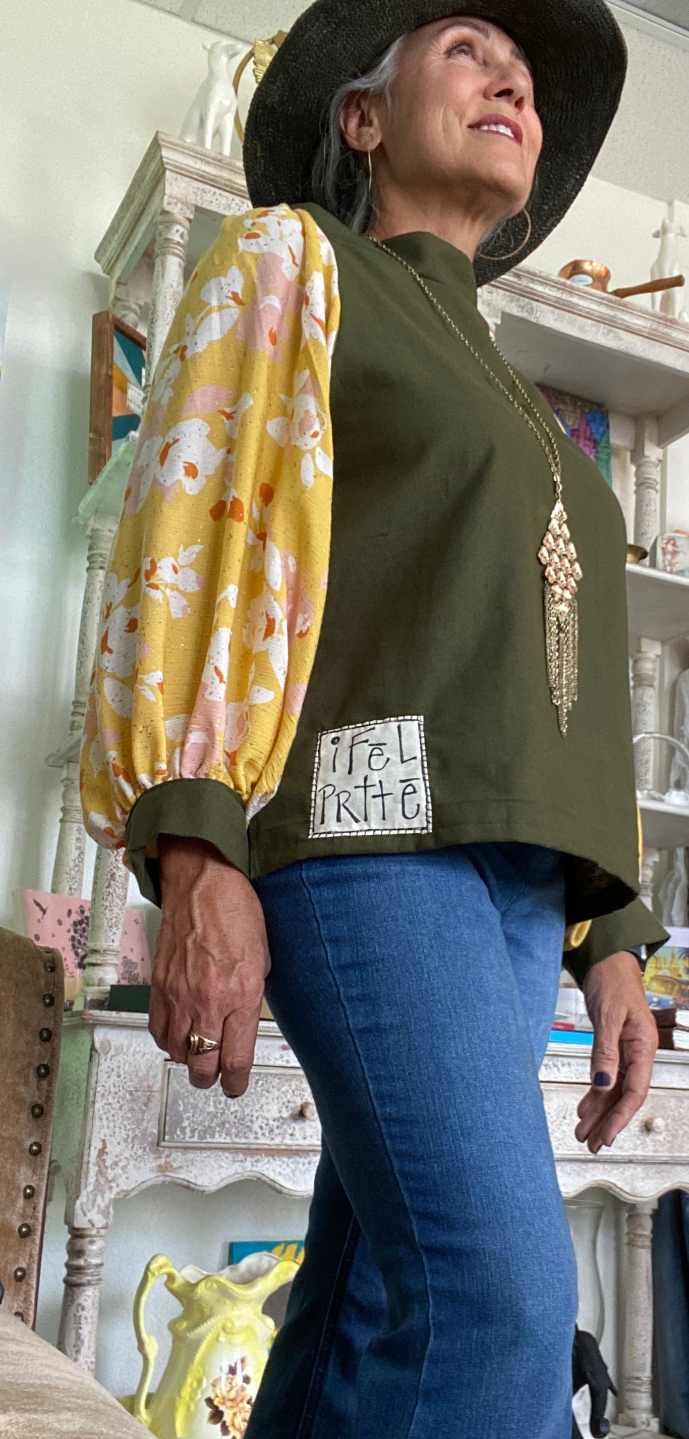 "I Fēl PRttē" One of a Kind Cotton Top with Long Billowy Yellow Sleeves