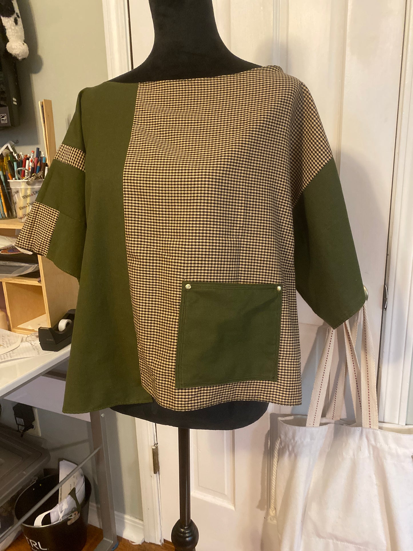 One of a Kind Army Green/Houndstooth Color Block Top With Front Pocket