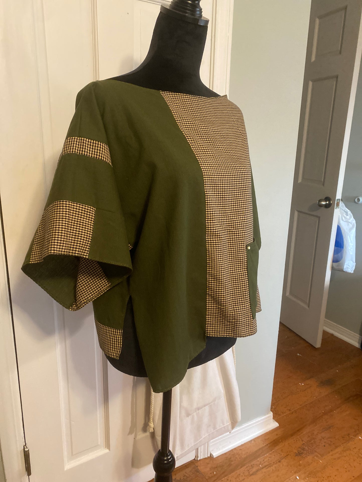 One of a Kind Army Green/Houndstooth Color Block Top With Front Pocket