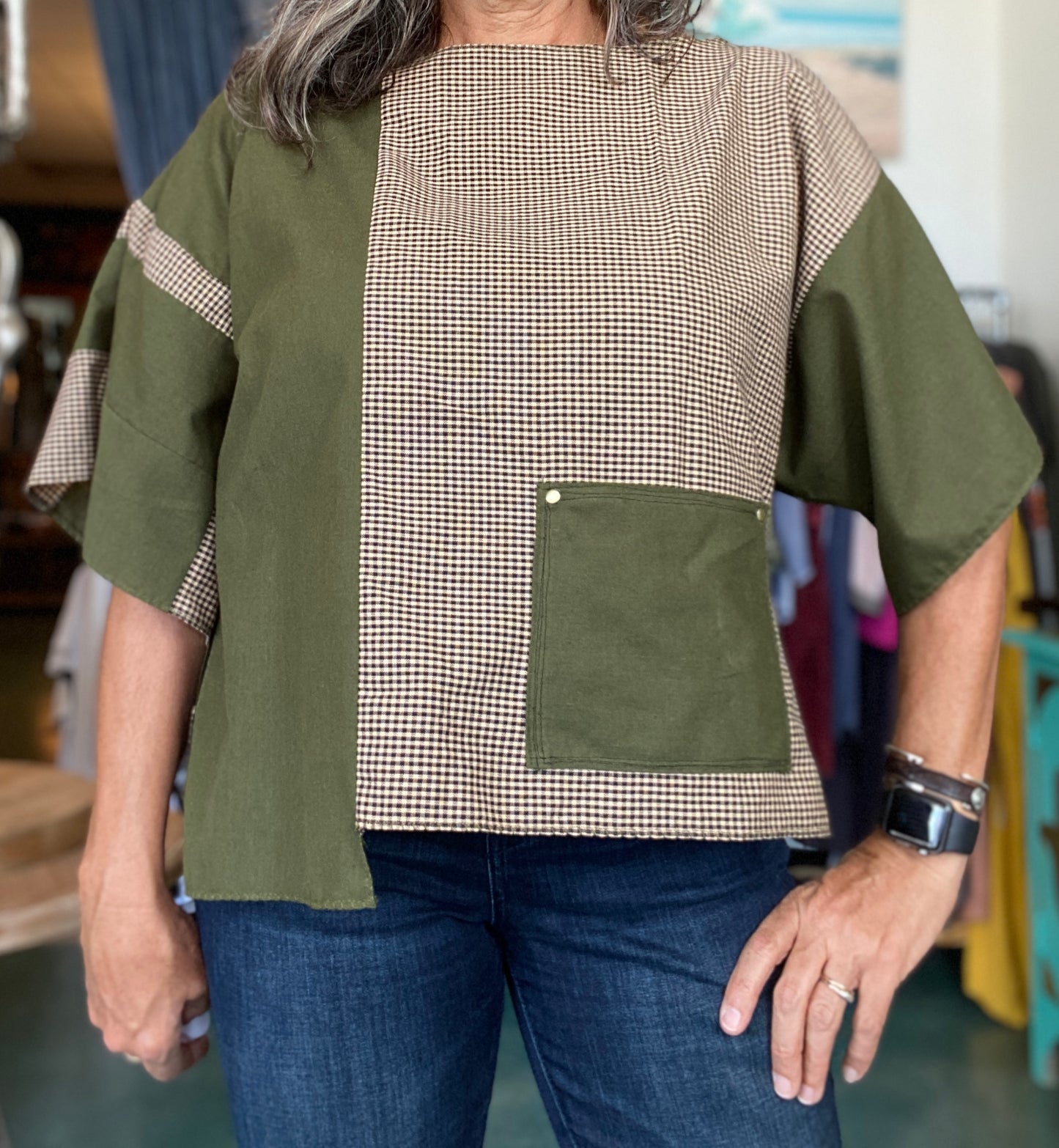 One of a Kind Army Green/Houndstooth Color Block Top With Front Pocket