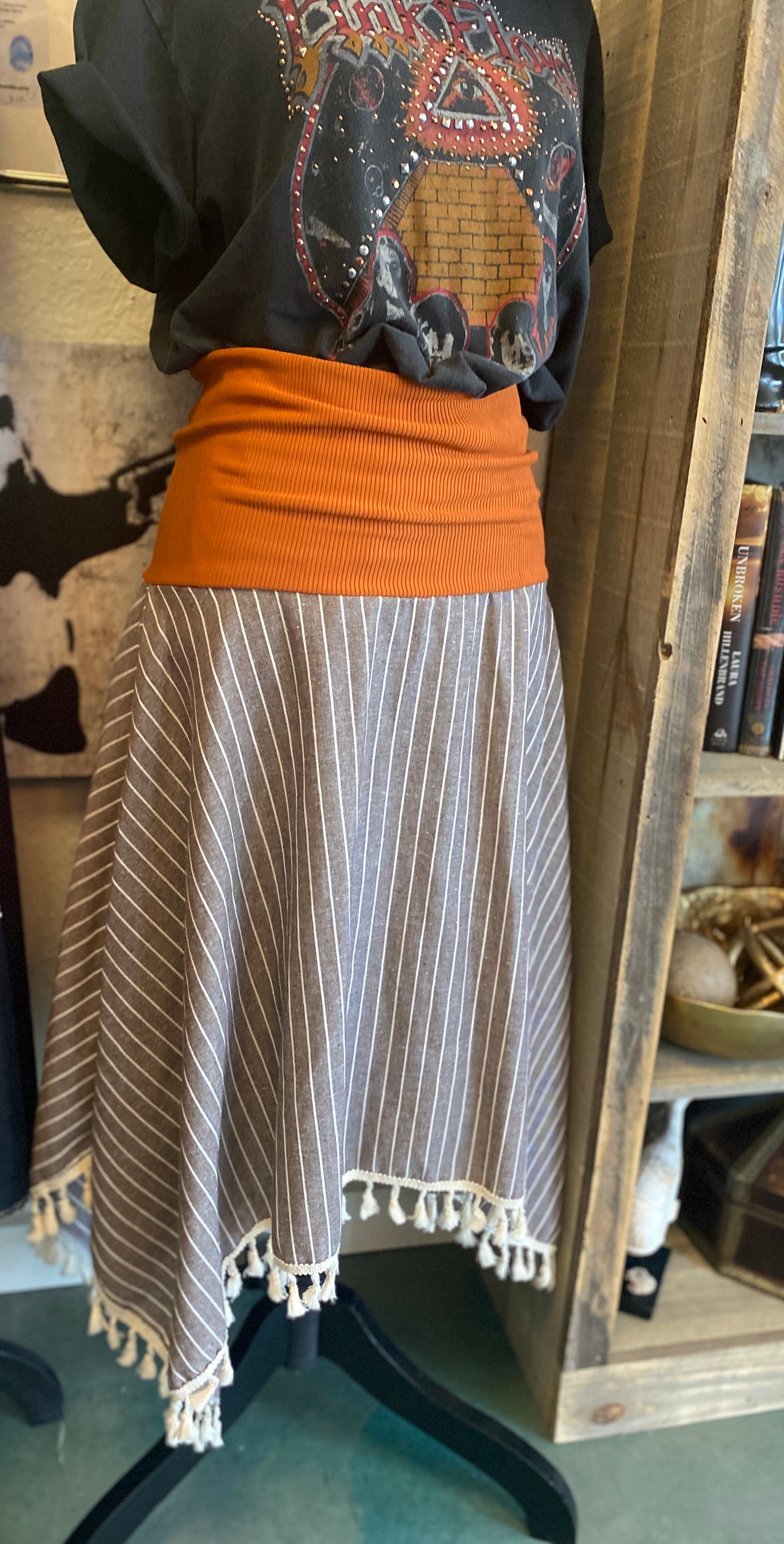 Grey Striped Tassel Skirt with Burnt Orange Lycra Bandeau (SOLD)