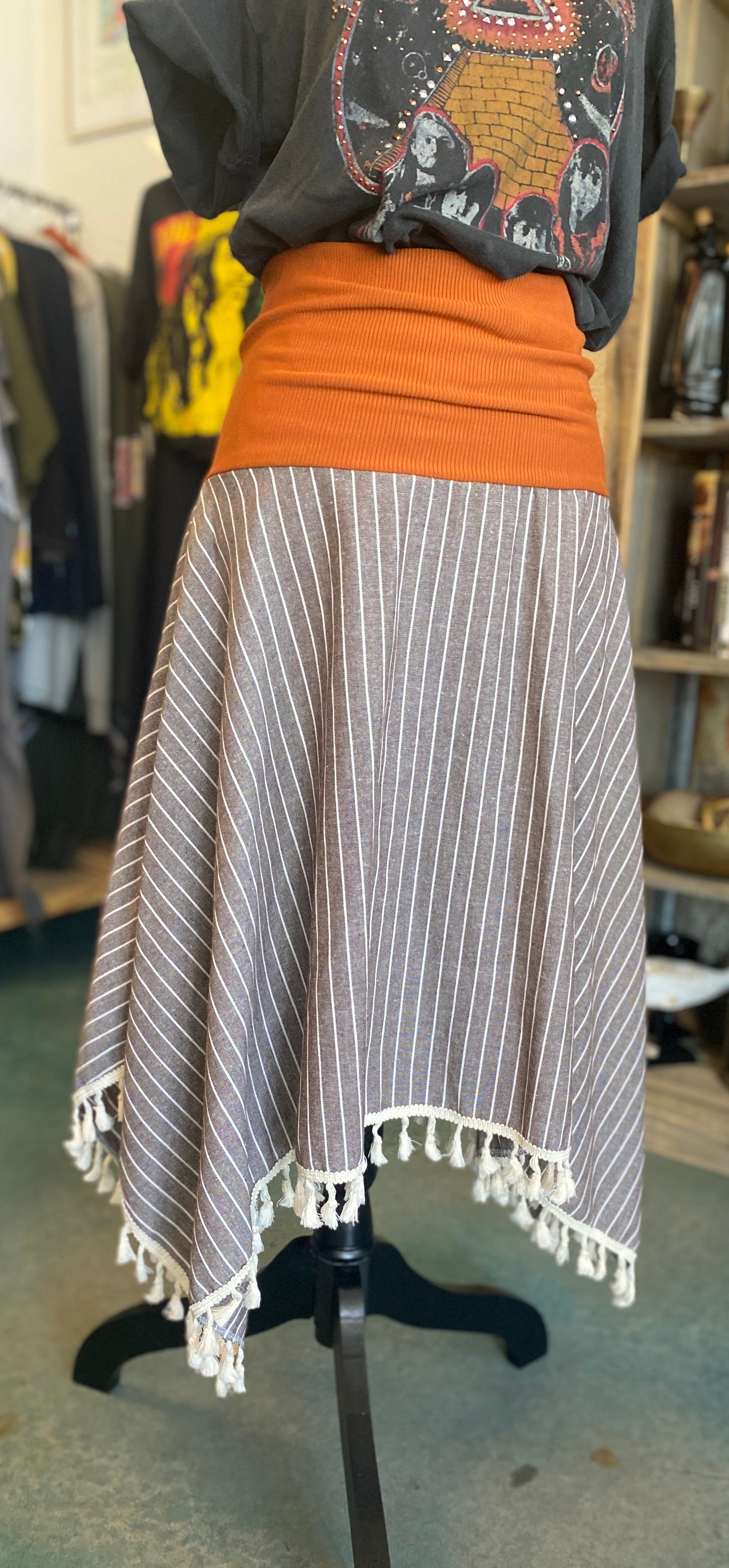 Grey Striped Tassel Skirt with Burnt Orange Lycra Bandeau (SOLD)