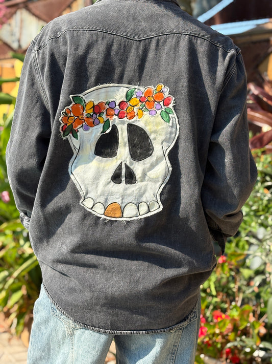 "FLOWER SKULL" UpCycled Black Denim Shirt