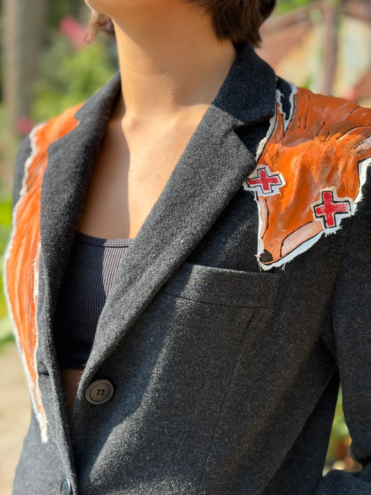"NO FUR" UpCycled Wool Blazer with Hand Painted Faux Fox
