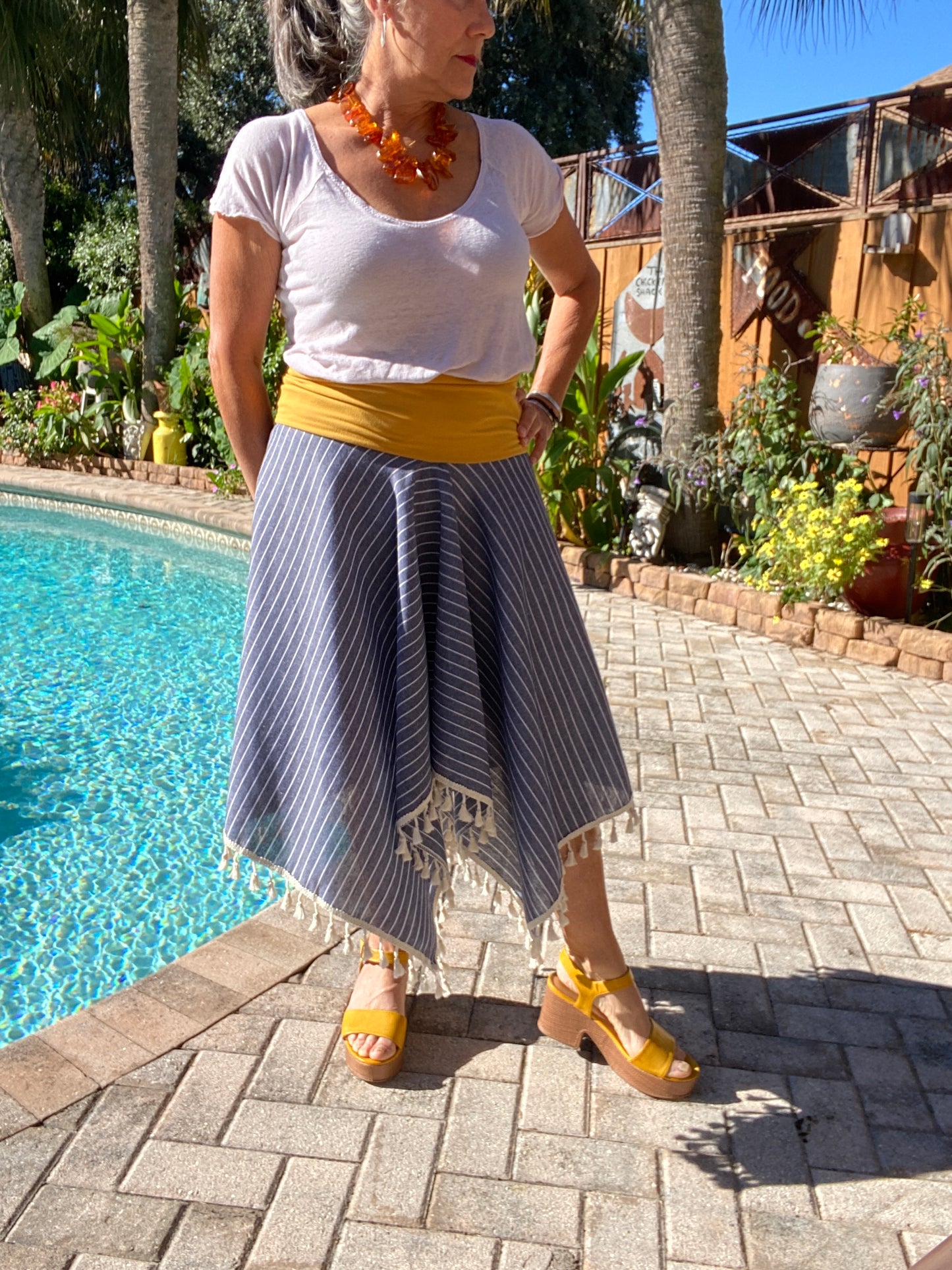 Asymmetrical Navy Blue Striped Tassel Skirt with Yellow Bandeau