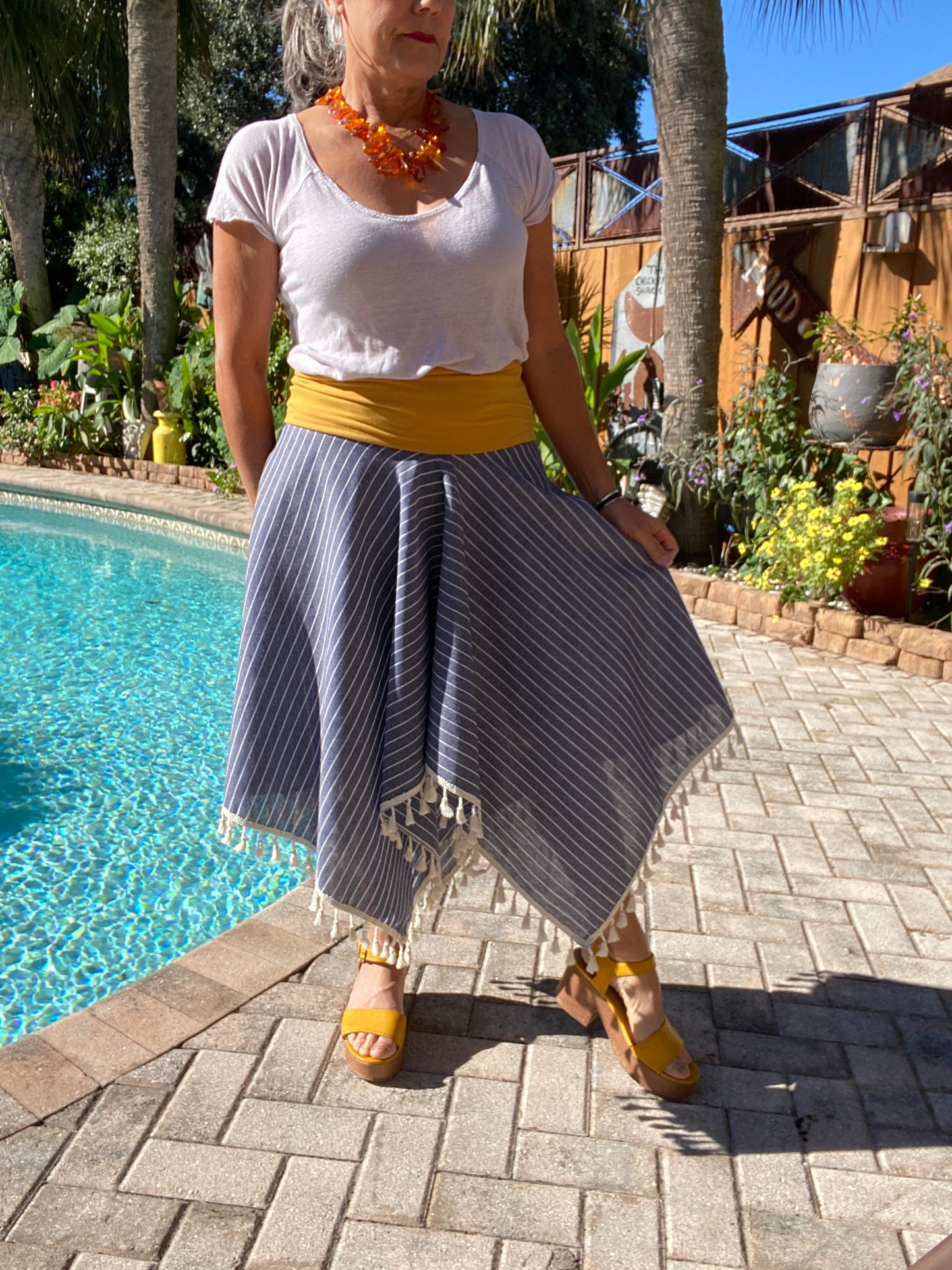 Asymmetrical Navy Blue Striped Tassel Skirt with Yellow Bandeau