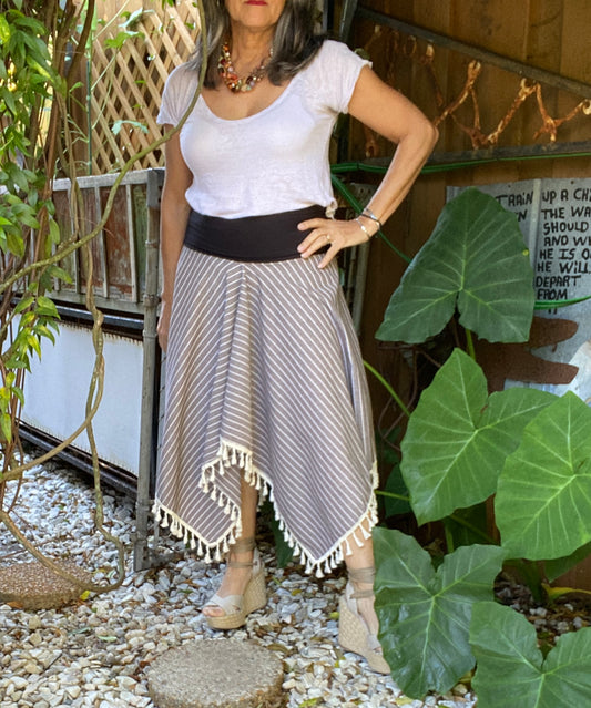 Asymmetrical Taupe Striped Tassel Skirt with Black Bandeau