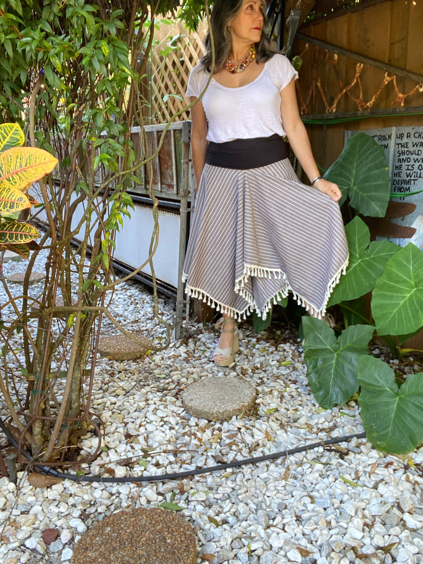 Asymmetrical Taupe Striped Tassel Skirt with Black Bandeau