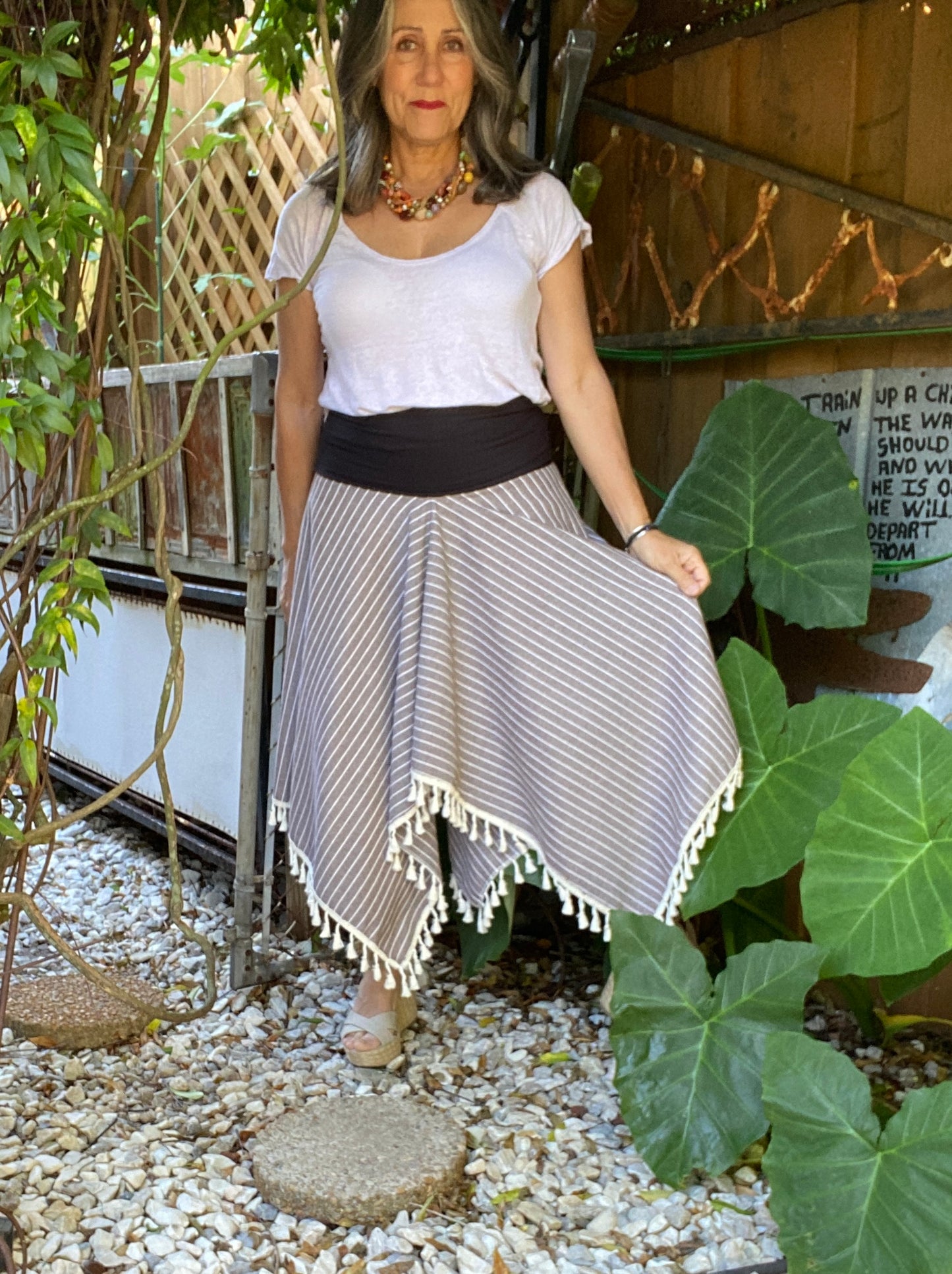 Asymmetrical Taupe Striped Tassel Skirt with Black Bandeau