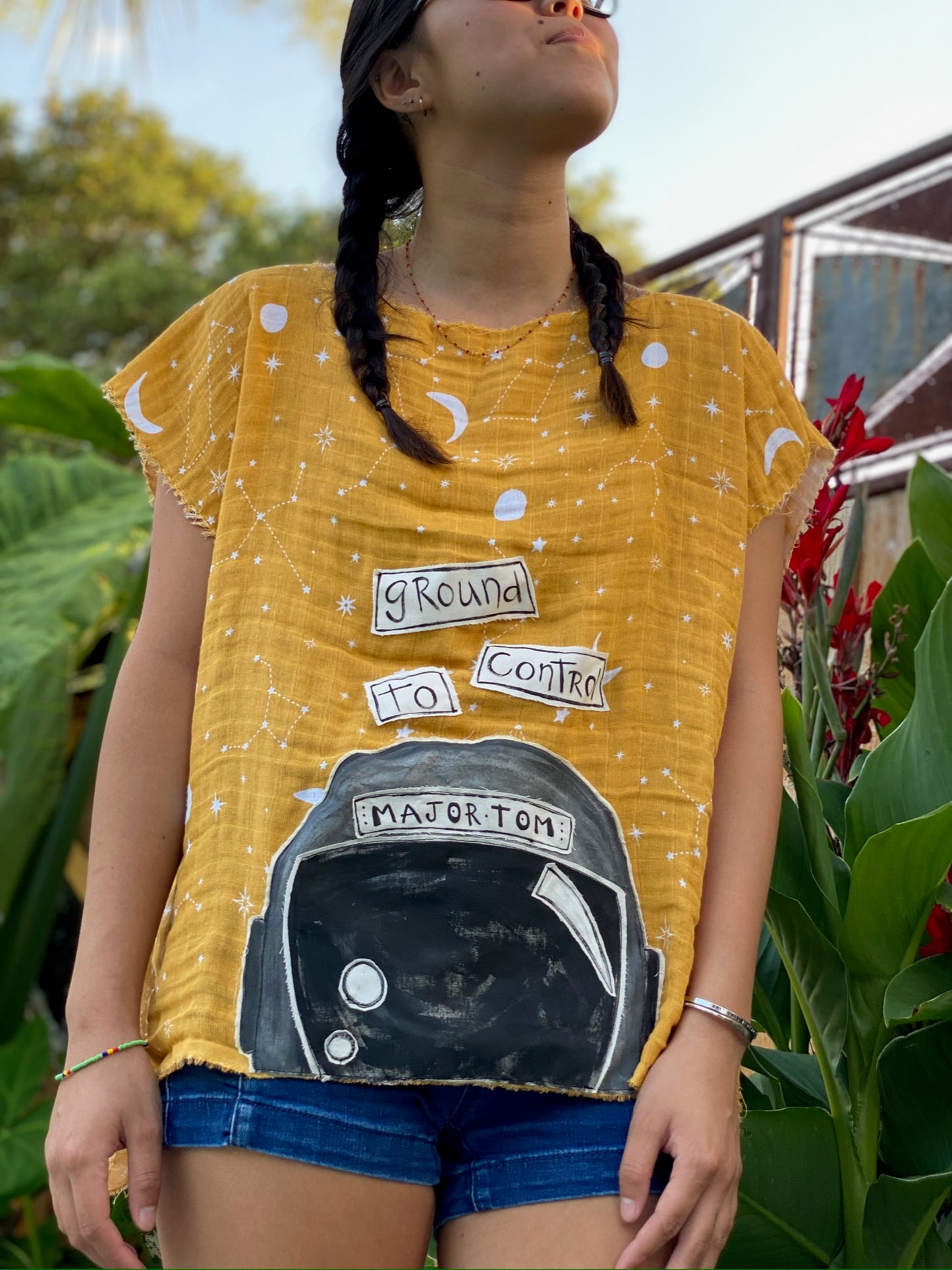 "Ground Control to Major Tom" Yellow Gauze Top w/ Hand Painted Appliqué (SOLD)