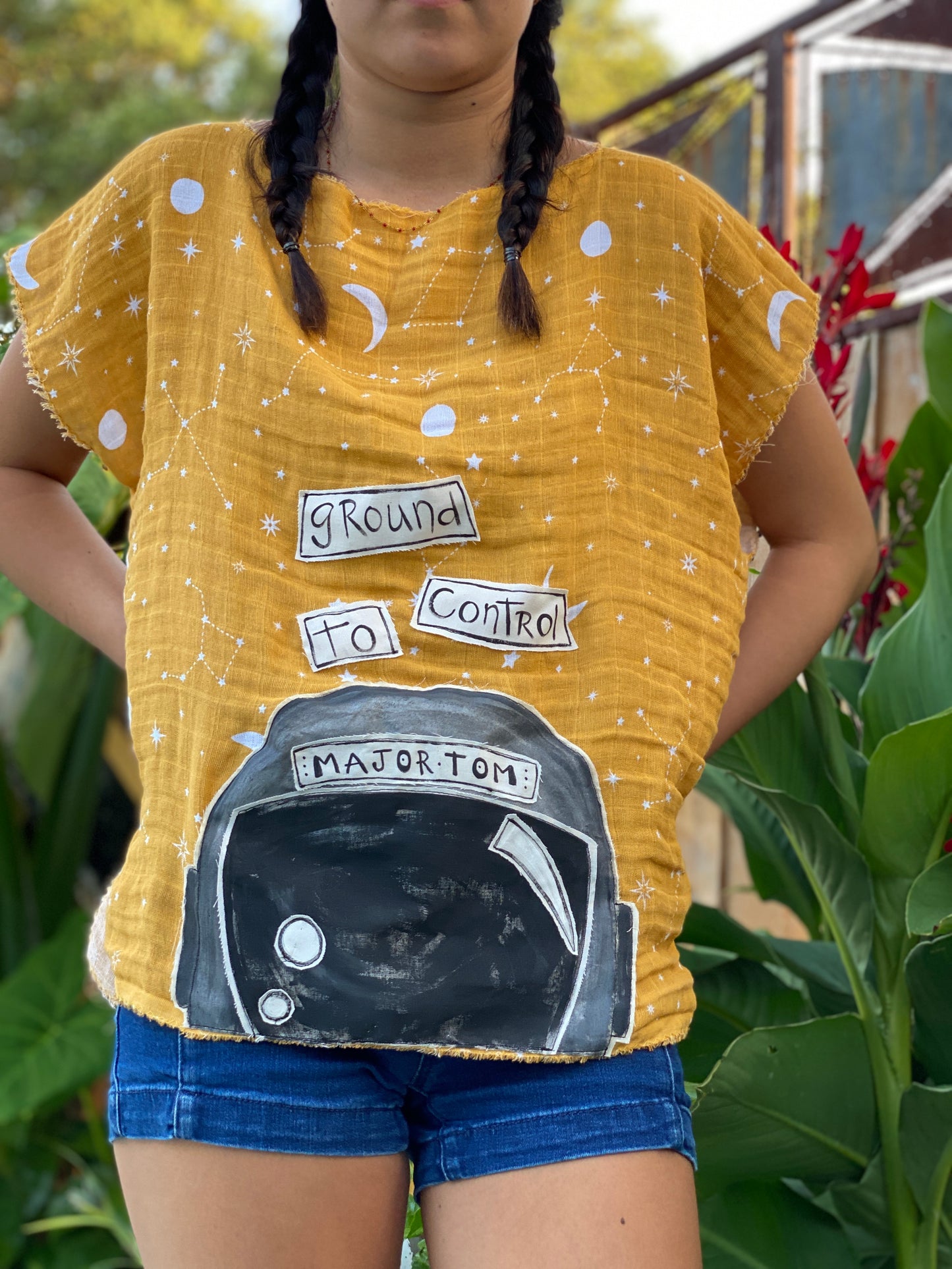 "Ground Control to Major Tom" Yellow Gauze Top w/ Hand Painted Appliqué (SOLD)